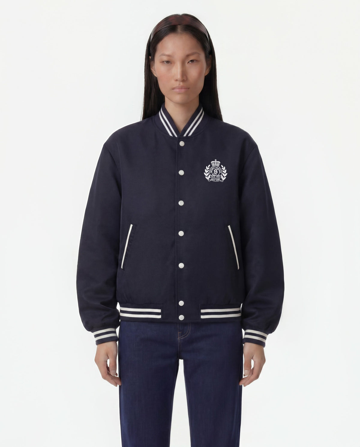 H&W Crest Oversized Varsity Jacket - Dark Navy Sporty & Rich Discount