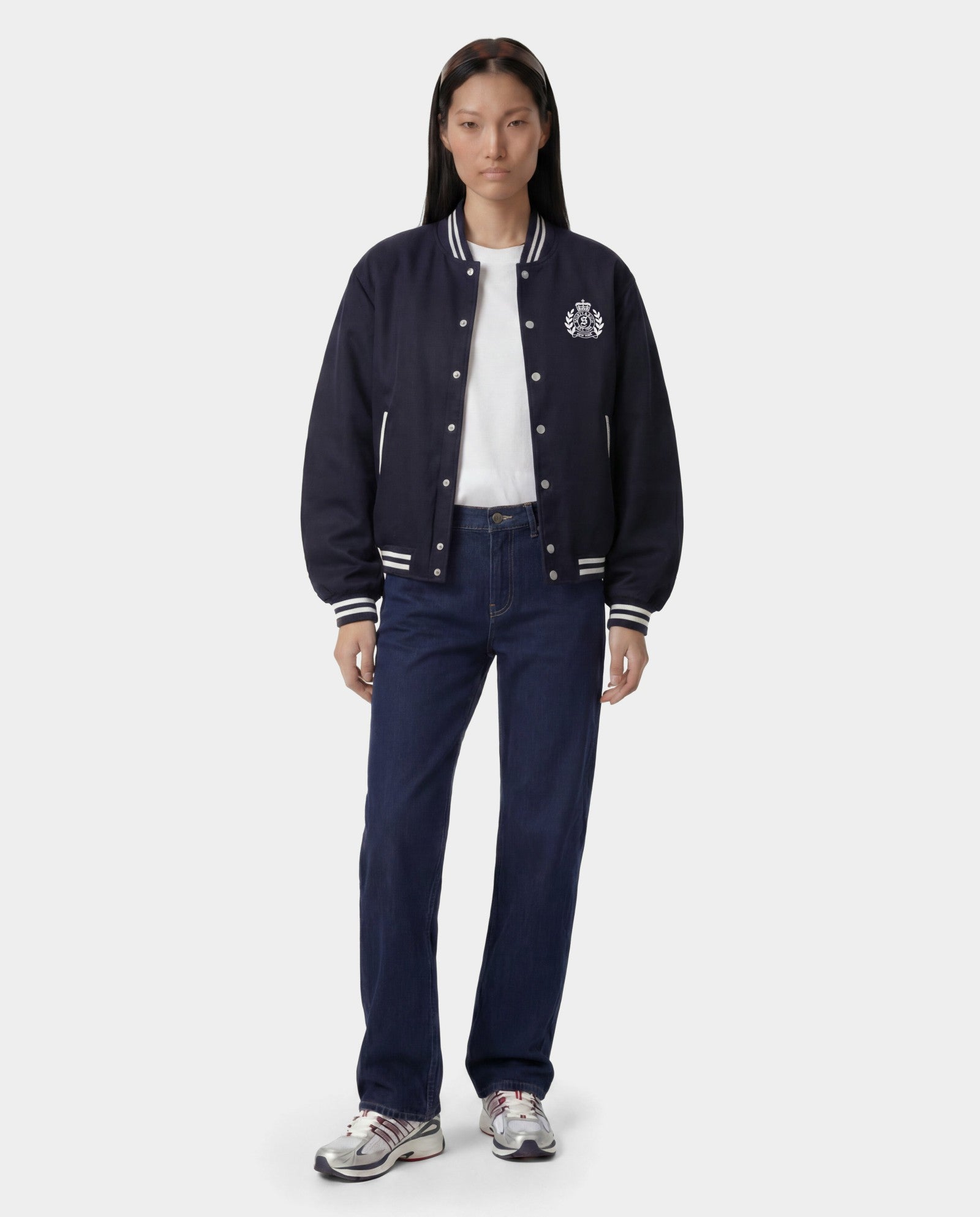 H&W Crest Oversized Varsity Jacket - Dark Navy Sporty & Rich Discount