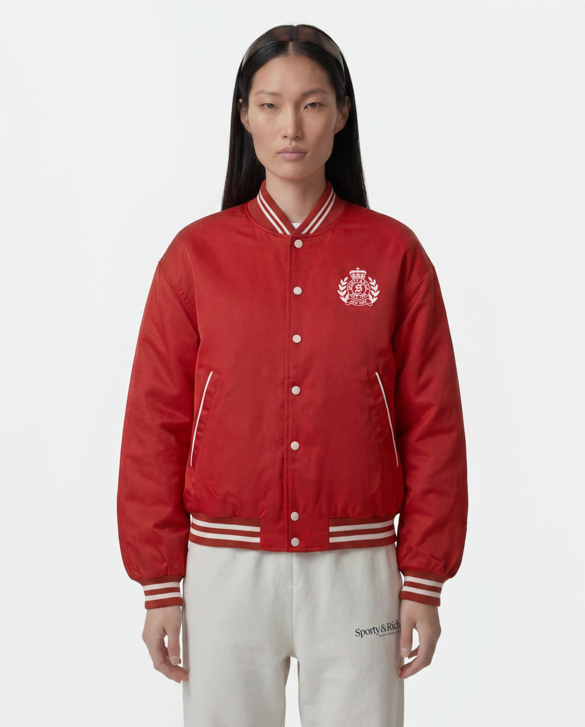 H&W Crest Oversized Varsity Jacket - Ruby Sporty & Rich For Sale