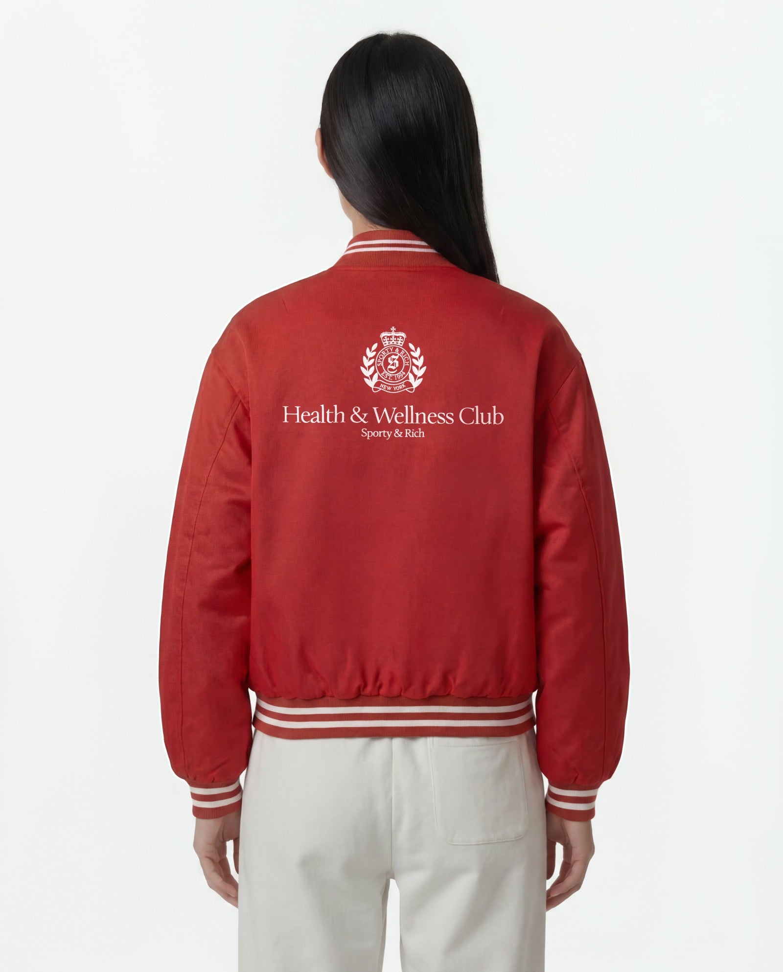 H&W Crest Oversized Varsity Jacket - Ruby Sporty & Rich For Sale