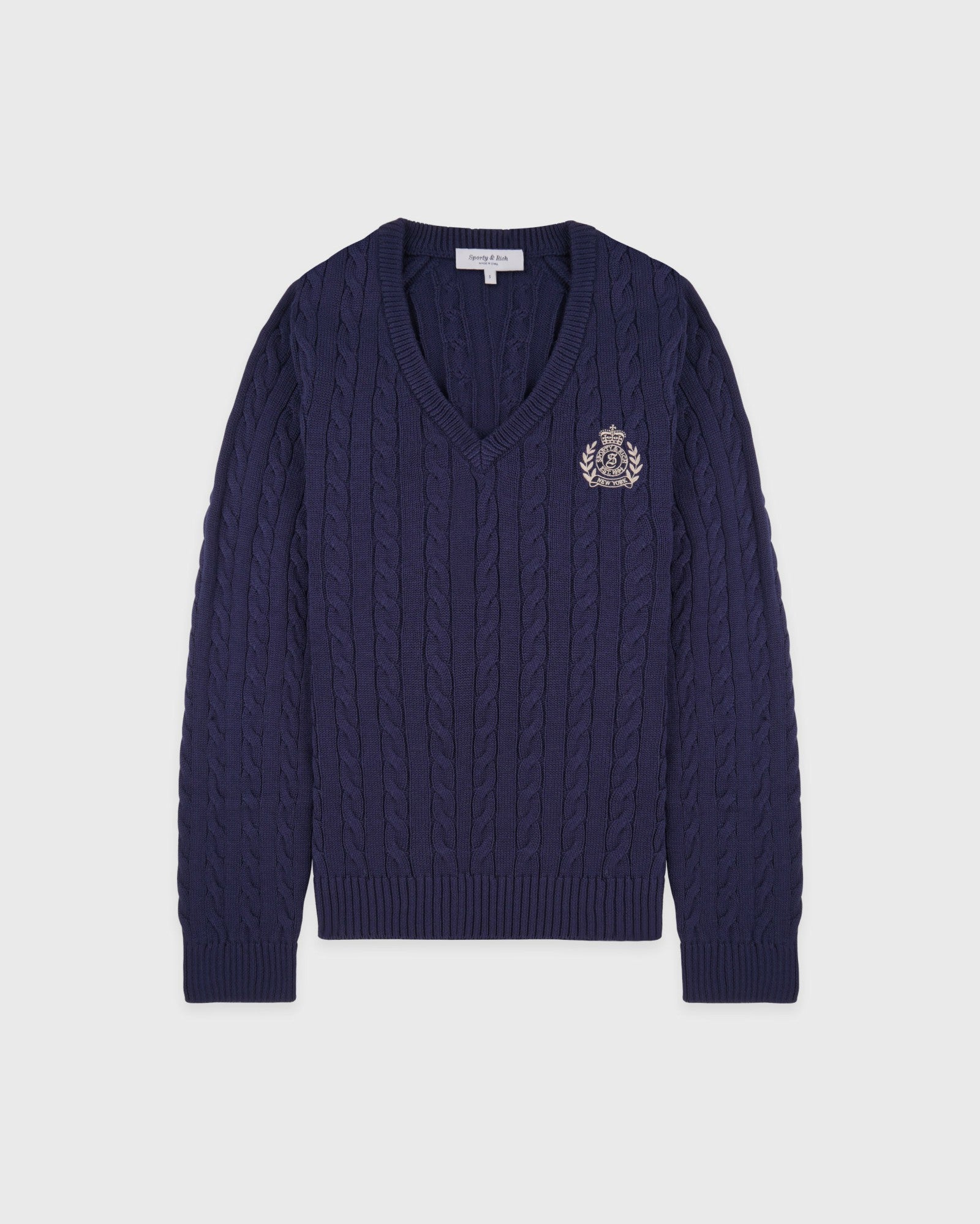 NY Crest V-Neck Cable Sweater - Light Navy/Ecru Sporty & Rich Outlet