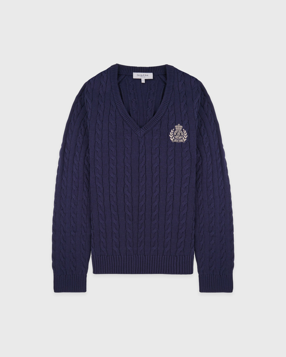 NY Crest V-Neck Cable Sweater - Light Navy/Ecru Sporty & Rich Outlet