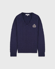 NY Crest V-Neck Cable Sweater - Light Navy/Ecru Sporty & Rich Outlet