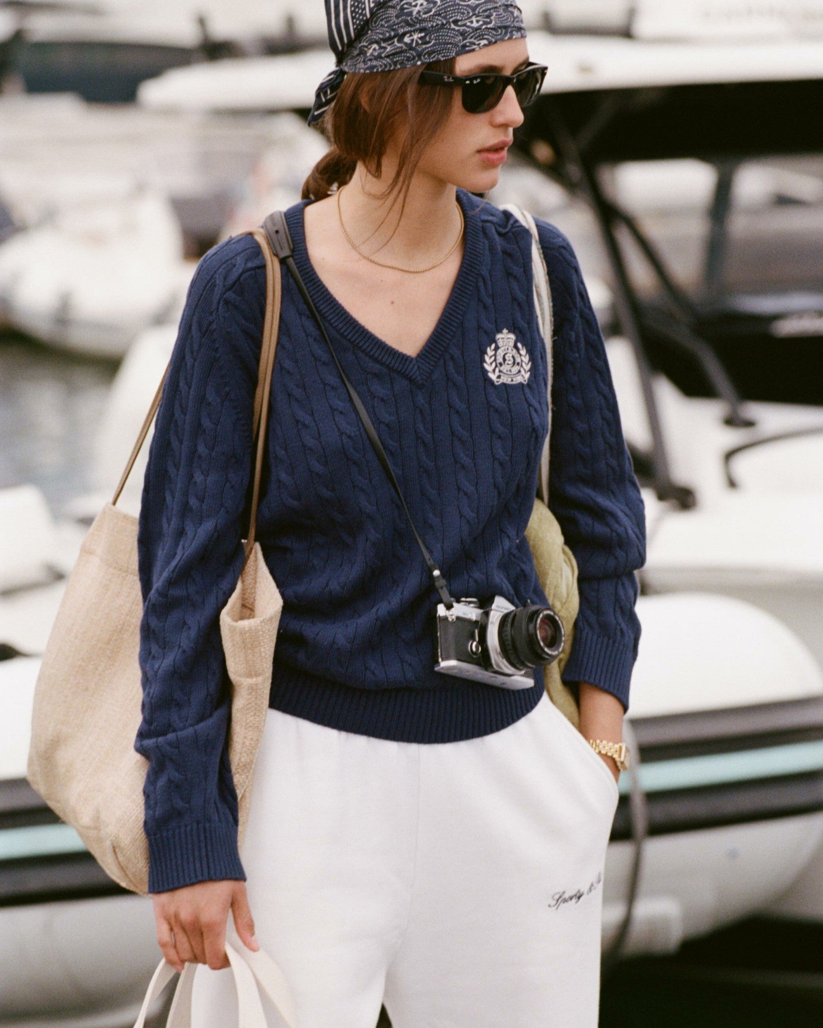 NY Crest V-Neck Cable Sweater - Light Navy/Ecru Sporty & Rich Outlet