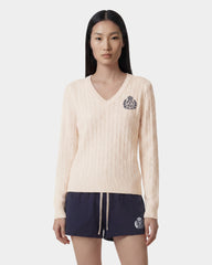 NY Crest V-Neck Cable Sweater - Ecru/Light Navy Sporty & Rich US