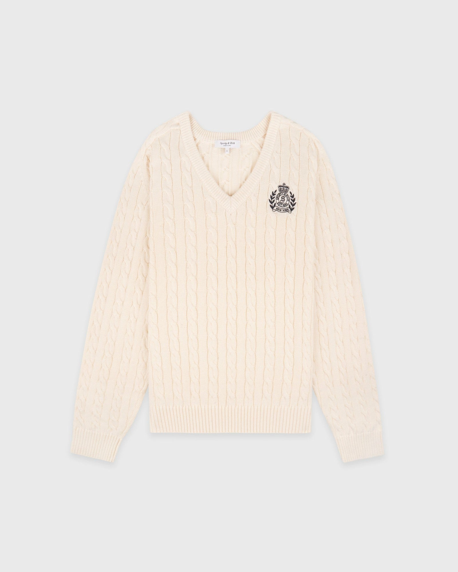 NY Crest V-Neck Cable Sweater - Ecru/Light Navy Sporty & Rich US