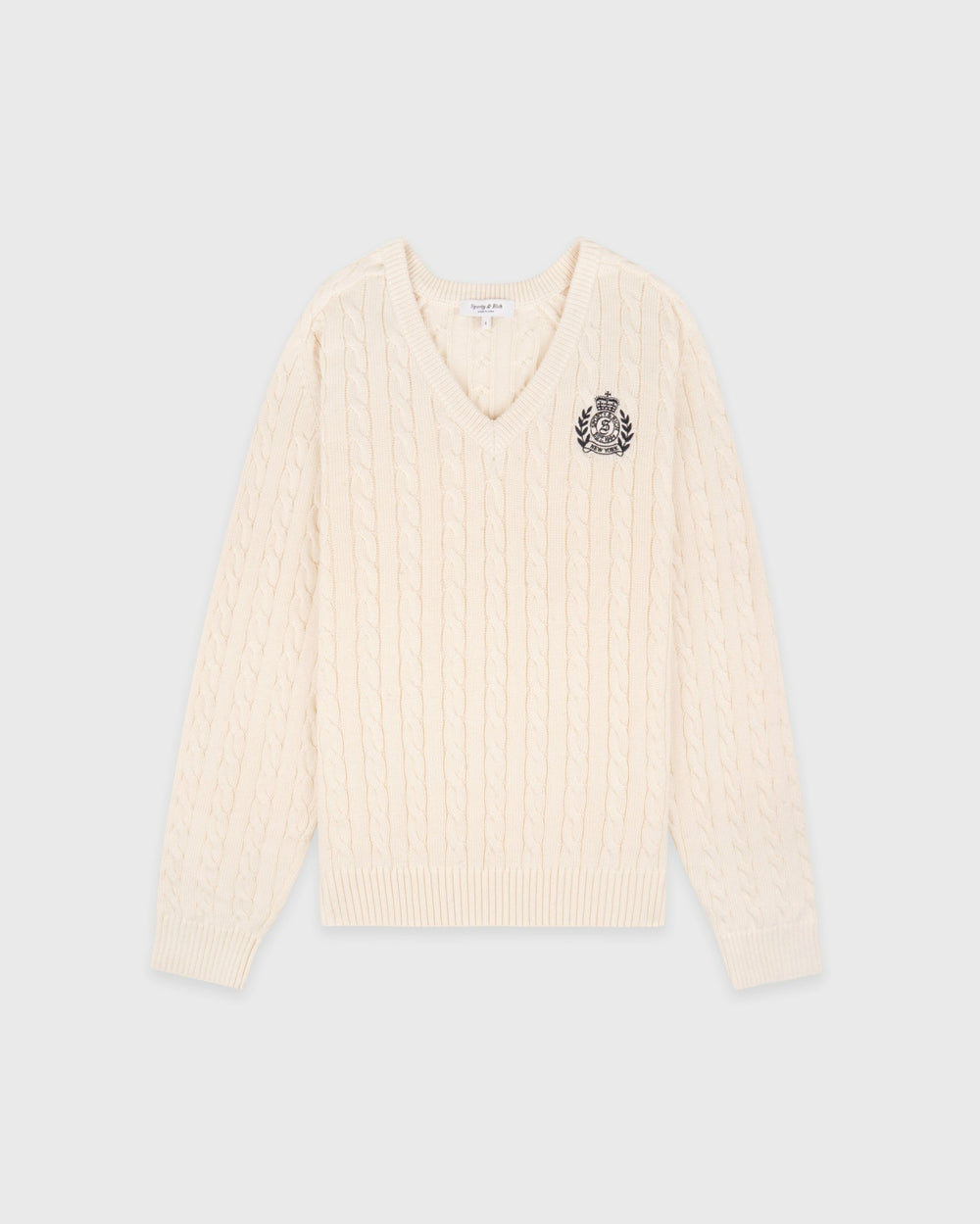 NY Crest V-Neck Cable Sweater - Ecru/Light Navy Sporty & Rich US