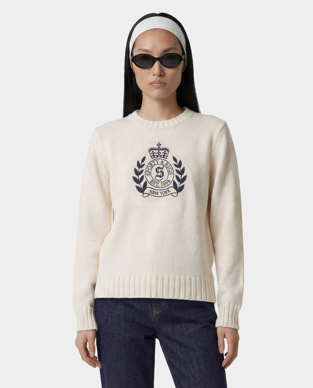 NY Crest Knitted Sweater - Ecru/Navy Sporty & Rich Sale