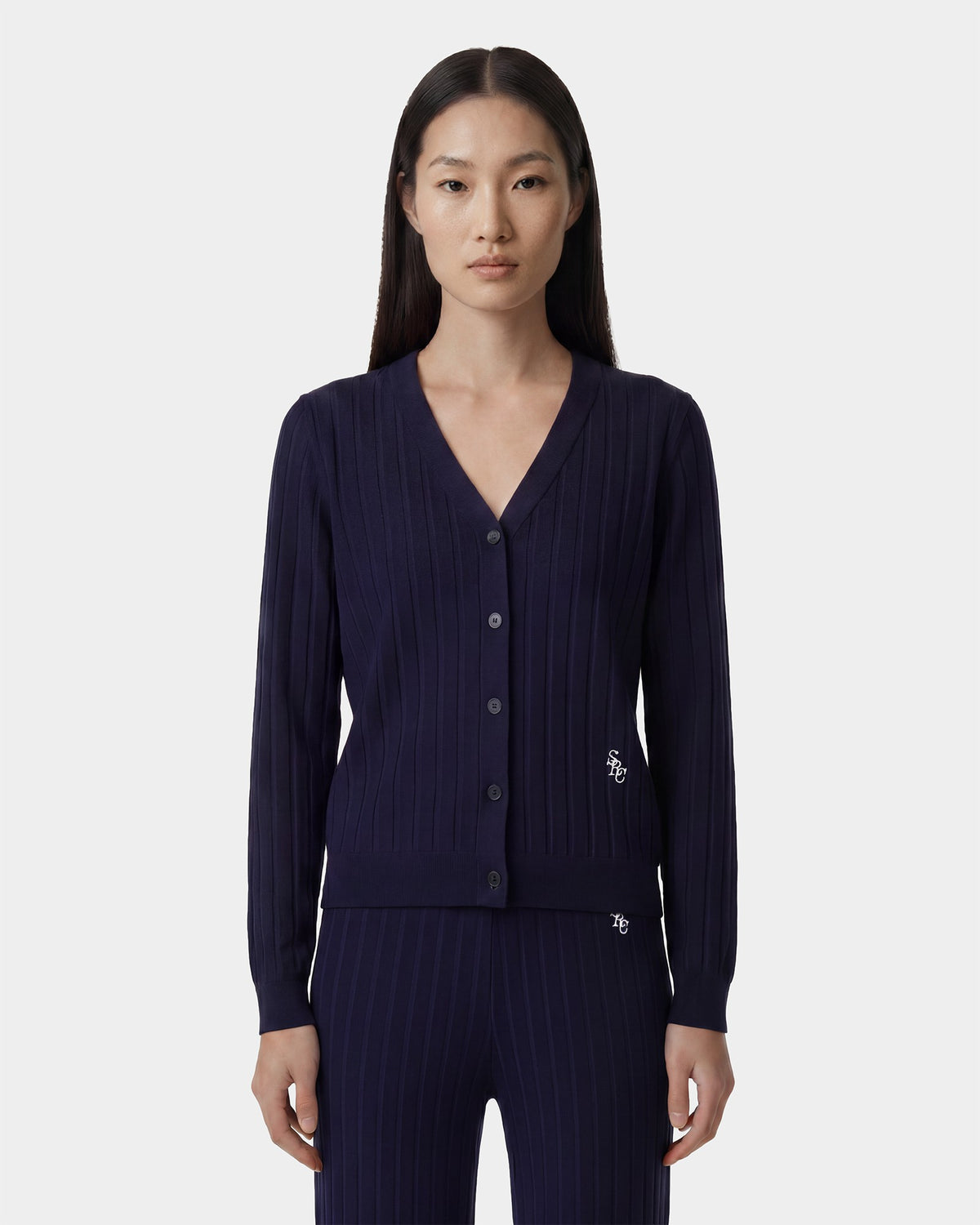 SRC Ribbed Cardigan - Dark Navy/White Sporty & Rich Discount