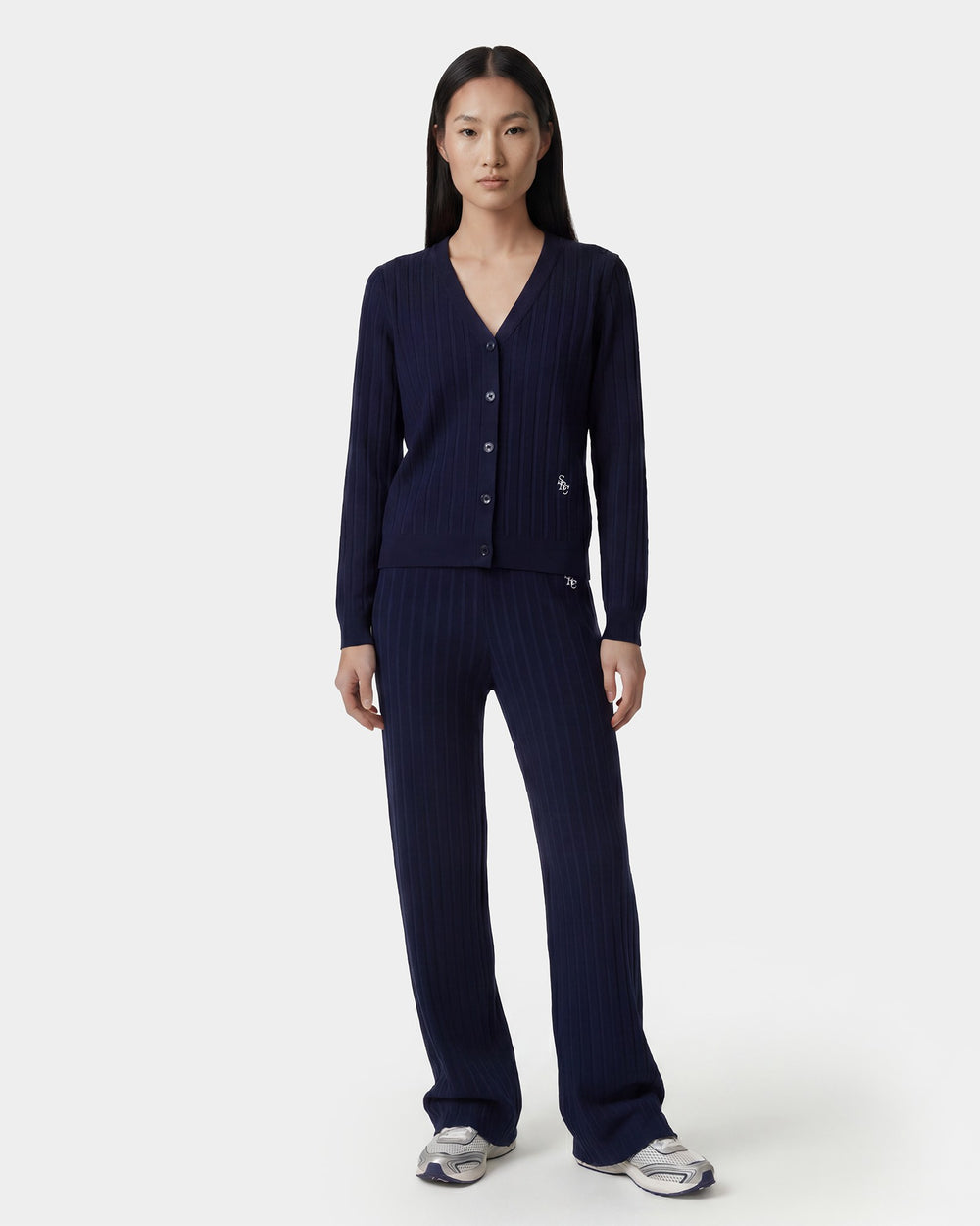 SRC Ribbed Cardigan - Dark Navy/White Sporty & Rich Discount