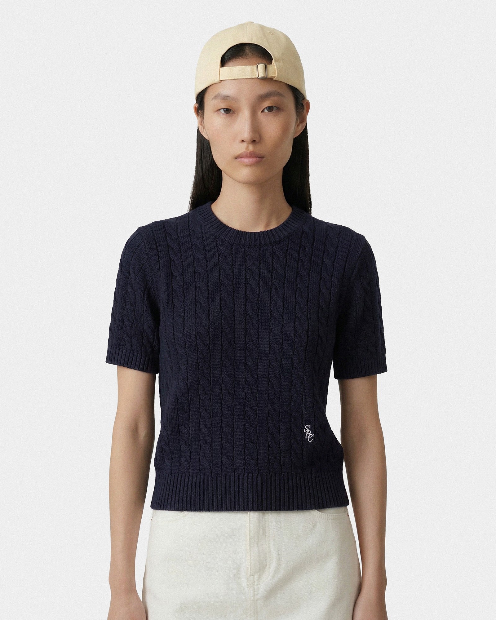 SRC Cotton Cableknit Sweater - Navy/White Sporty & Rich For Sale