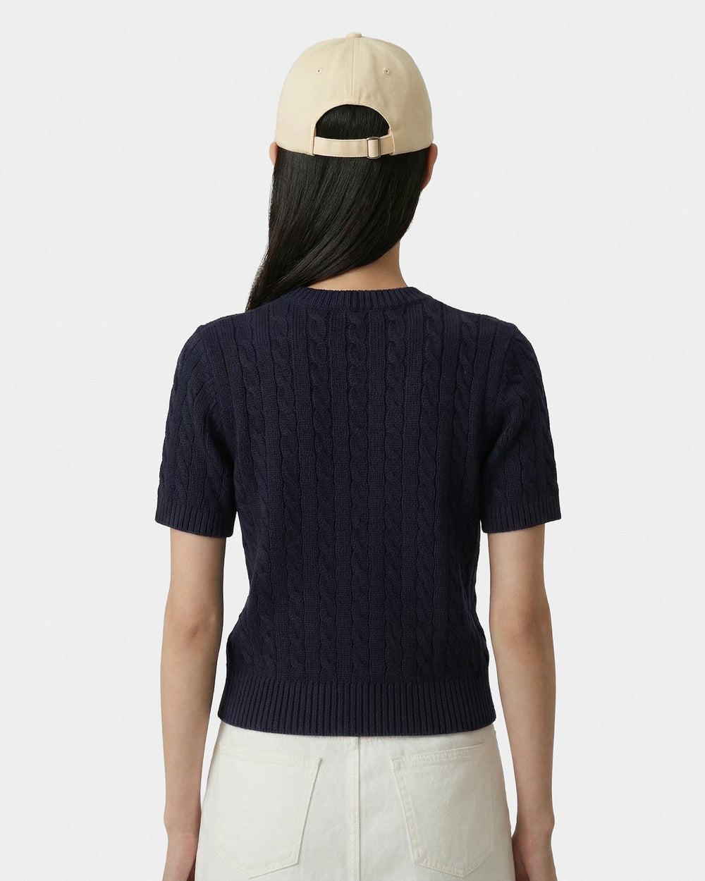 SRC Cotton Cableknit Sweater - Navy/White Sporty & Rich For Sale