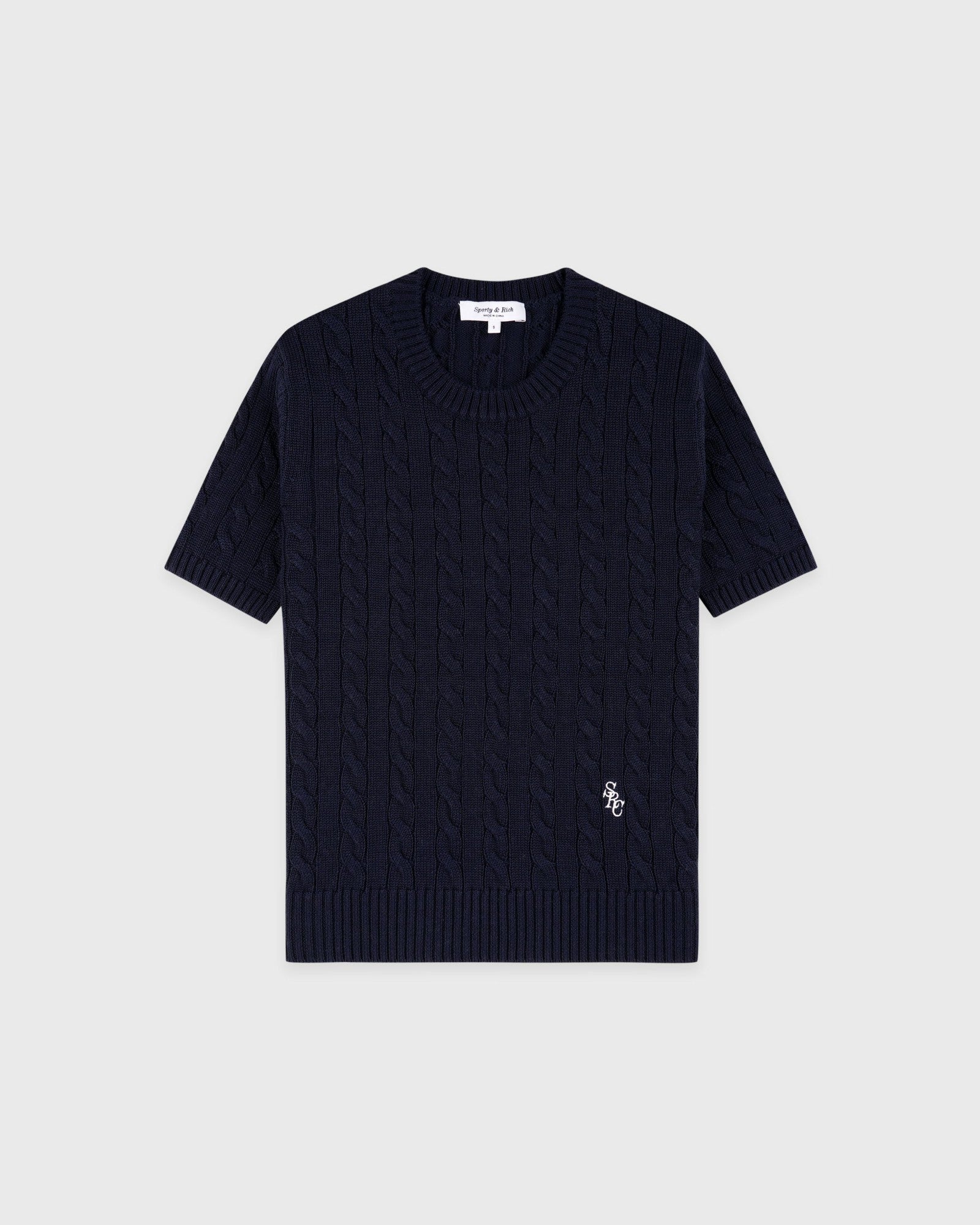 SRC Cotton Cableknit Sweater - Navy/White Sporty & Rich For Sale
