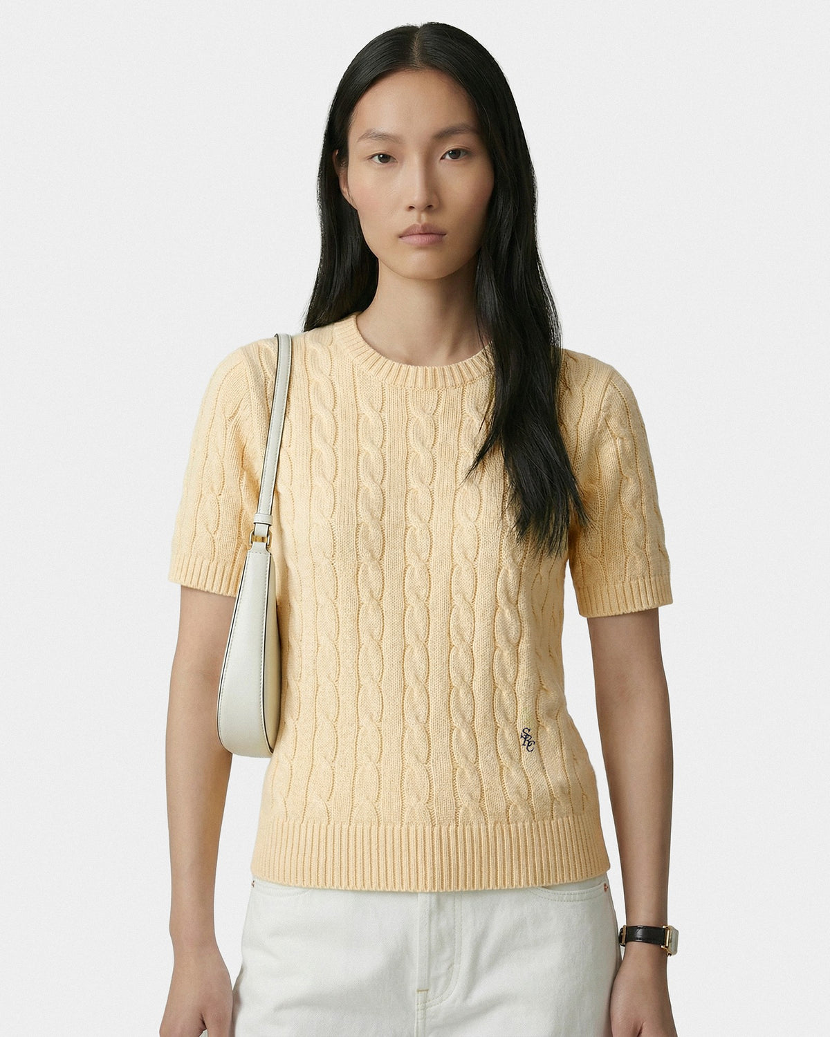 SRC Cotton Cableknit Sweater - Almond/Navy Sporty & Rich Sale