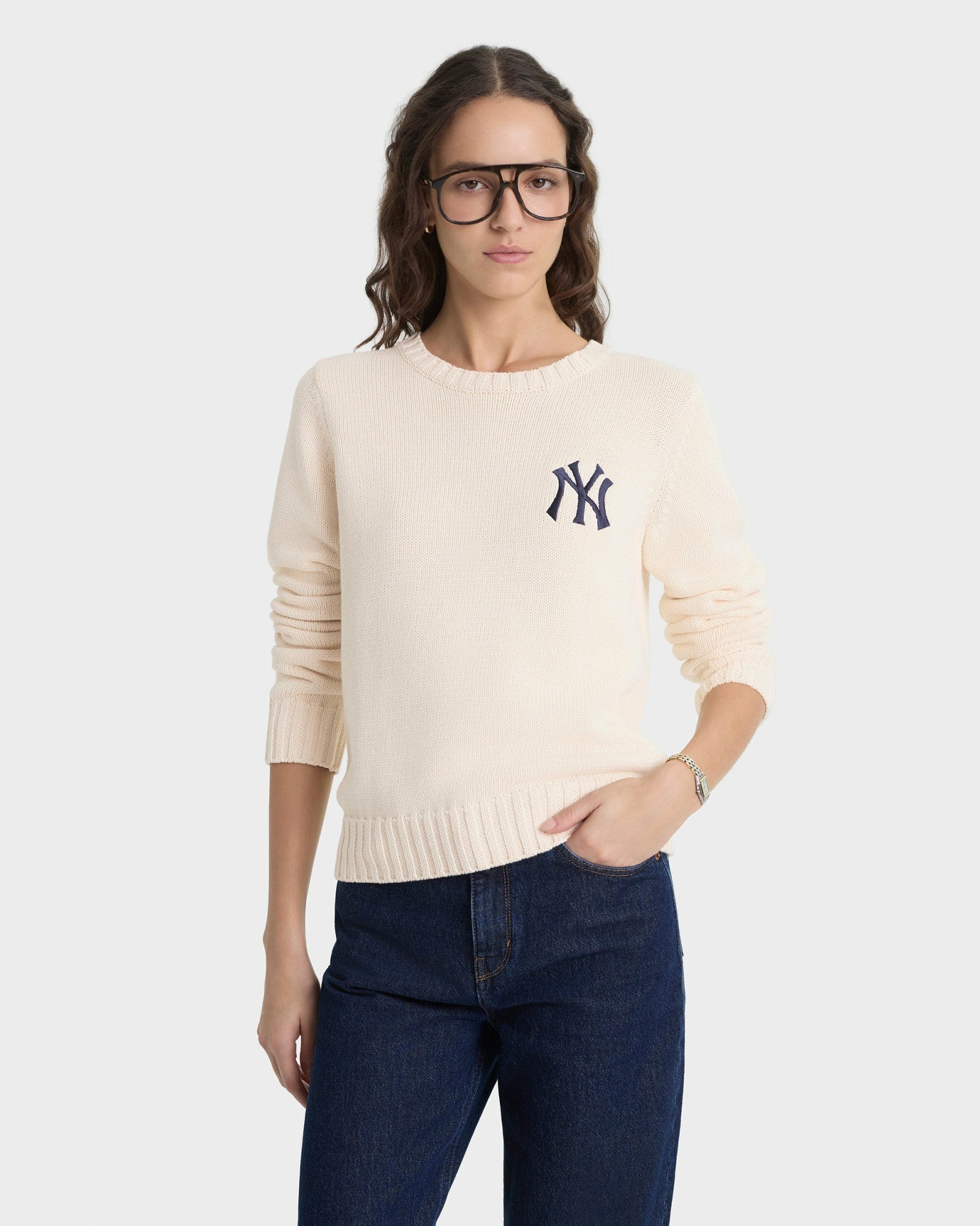 Heritage Yankees Serif Knitted Sweater - Ecru/Navy Sporty & Rich For Sale