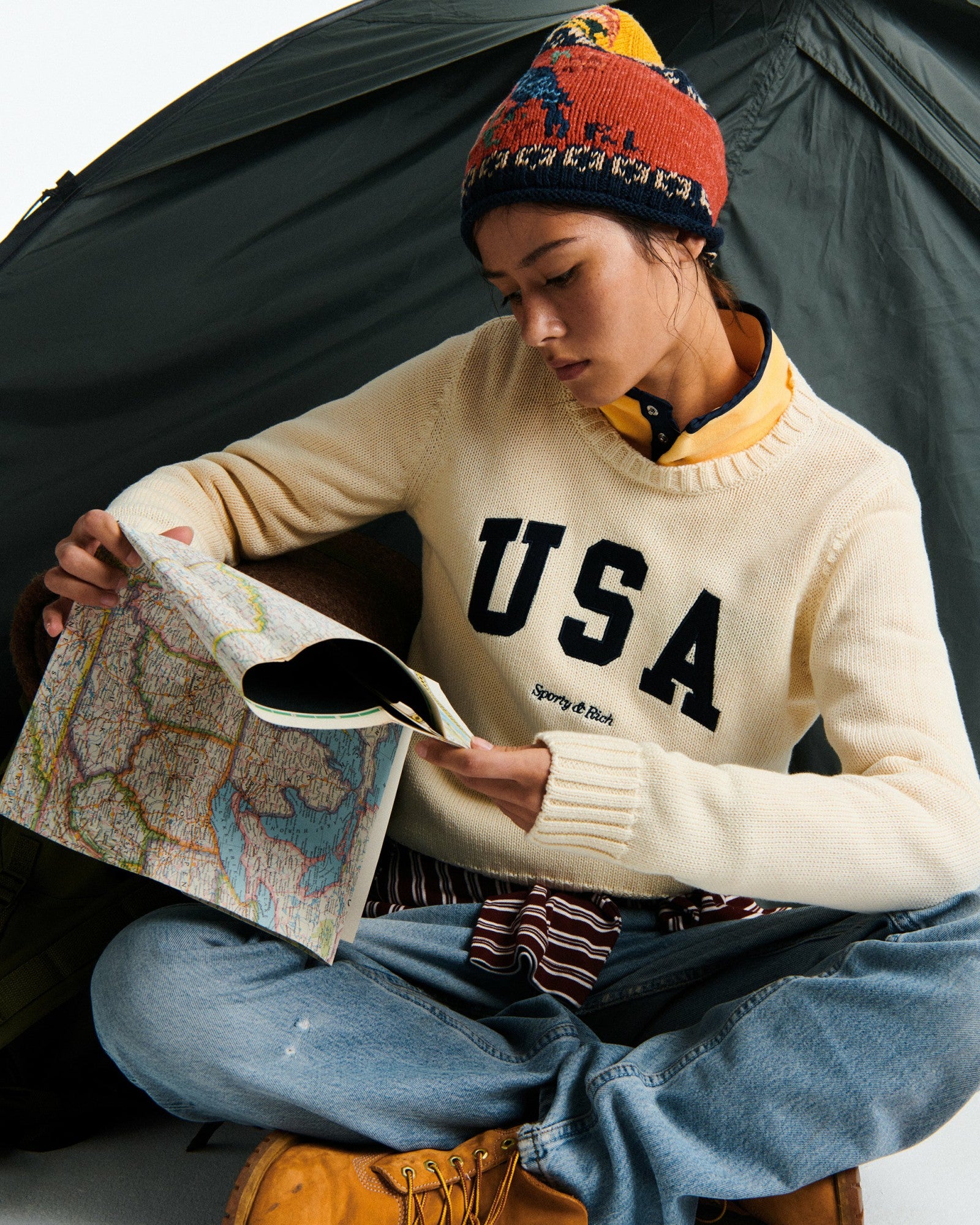 USA Knitted Sweater - Ecru/Navy Sporty & Rich Online