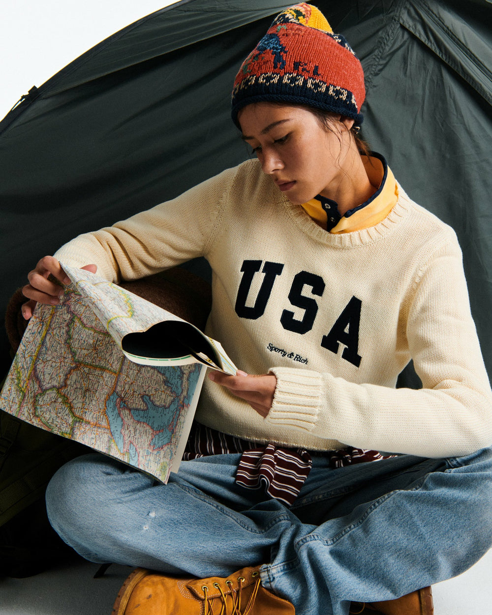 USA Knitted Sweater - Ecru/Navy Sporty & Rich Online