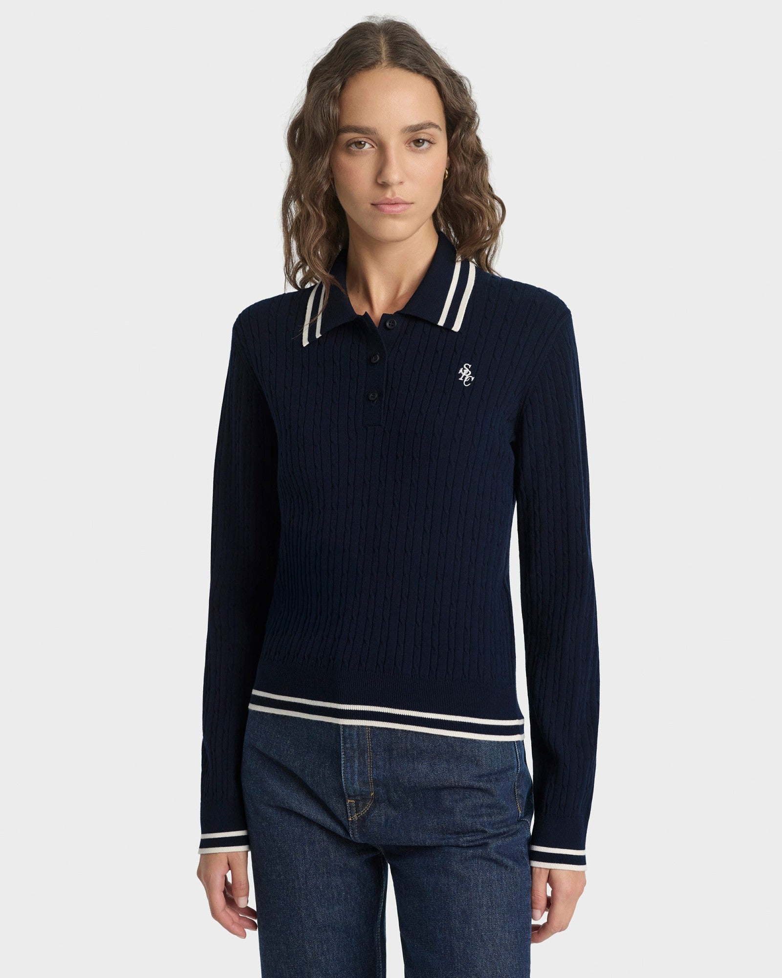 SRC Mini Cable LS Polo - Navy/Ecru Sporty & Rich Sale
