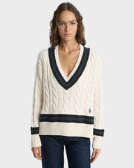 SRC Cableknit V-Neck Sweater - Ecru/Navy/Forest Sporty & Rich For Sale