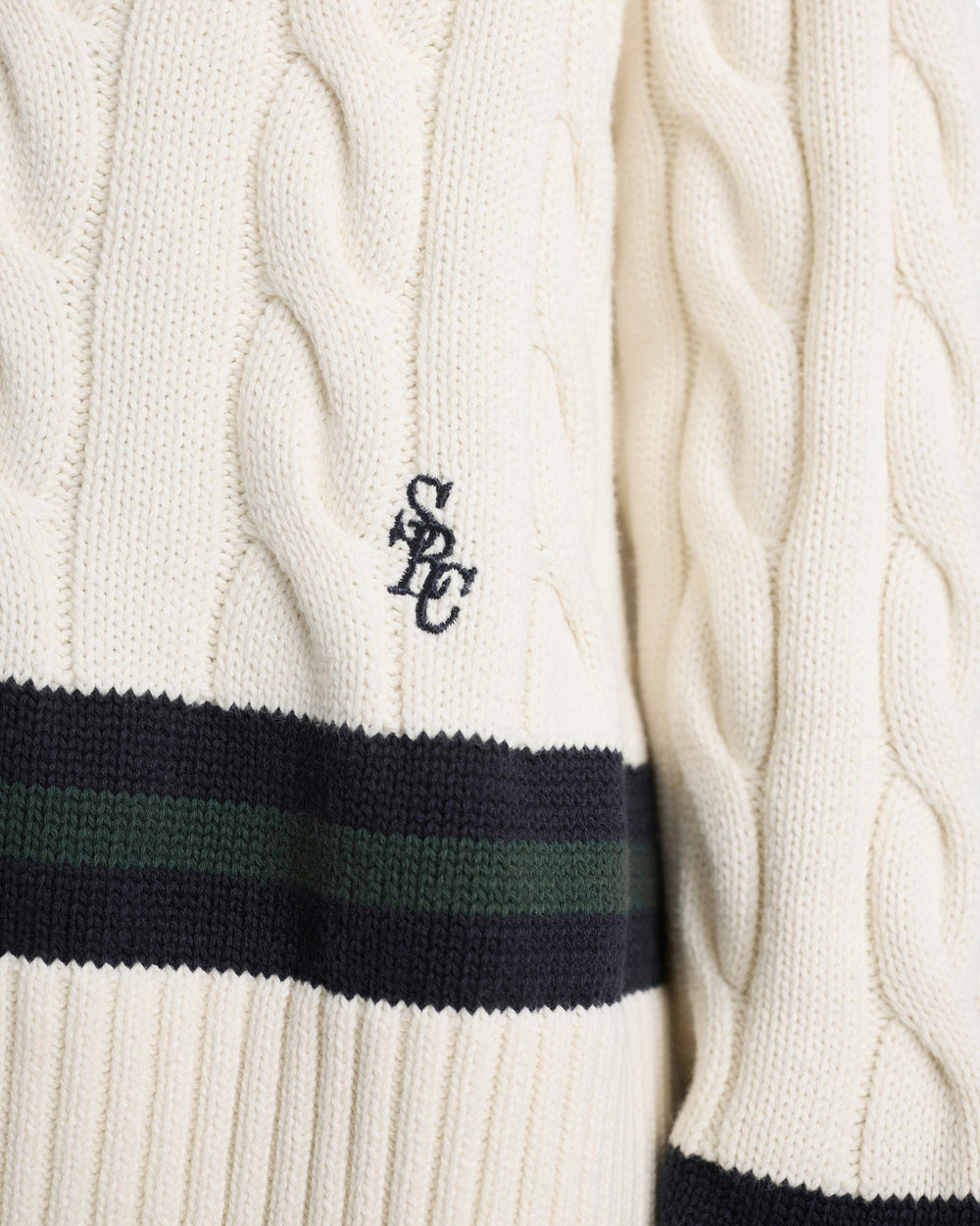 SRC Cableknit V-Neck Sweater - Ecru/Navy/Forest Sporty & Rich For Sale