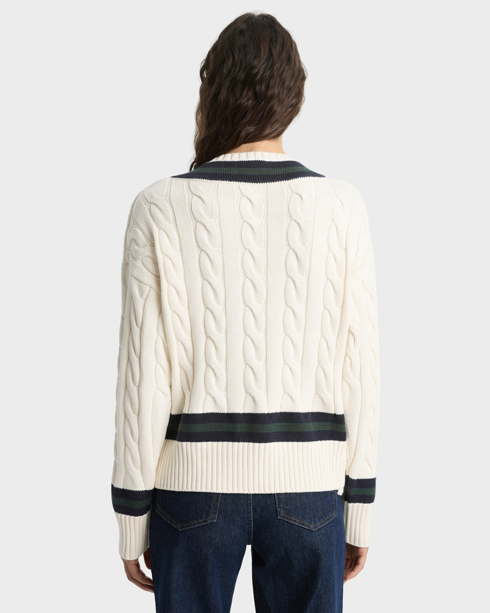 SRC Cableknit V-Neck Sweater - Ecru/Navy/Forest Sporty & Rich For Sale