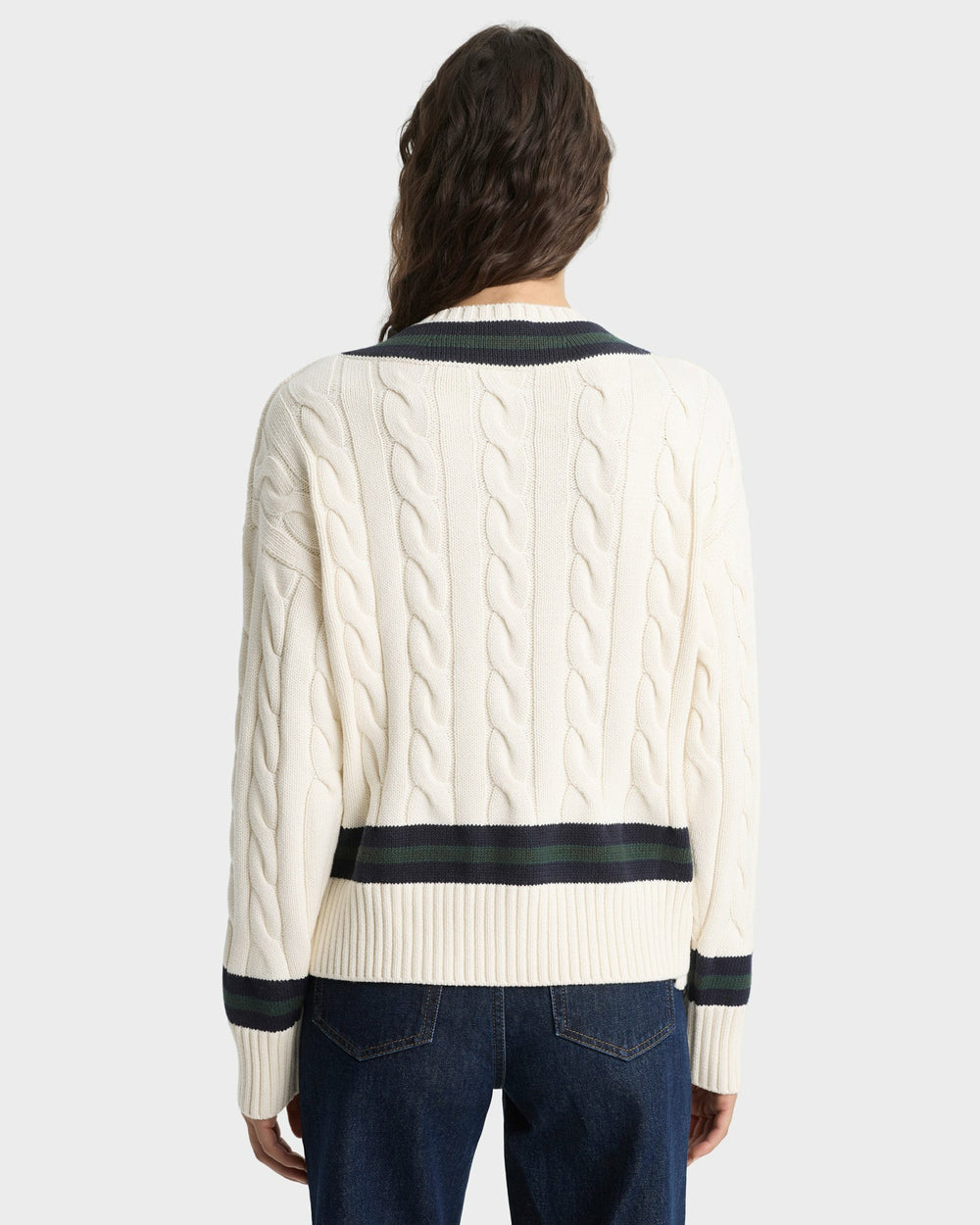 SRC Cableknit V-Neck Sweater - Ecru/Navy/Forest Sporty & Rich For Sale