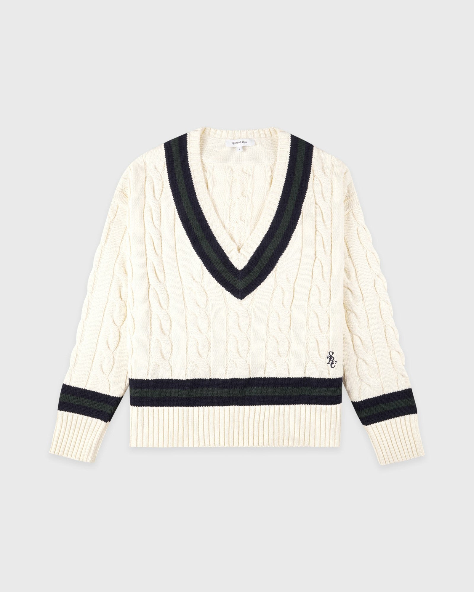 SRC Cableknit V-Neck Sweater - Ecru/Navy/Forest Sporty & Rich For Sale