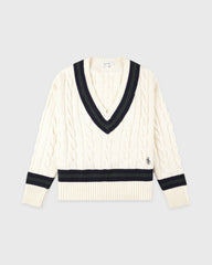 SRC Cableknit V-Neck Sweater - Ecru/Navy/Forest Sporty & Rich For Sale