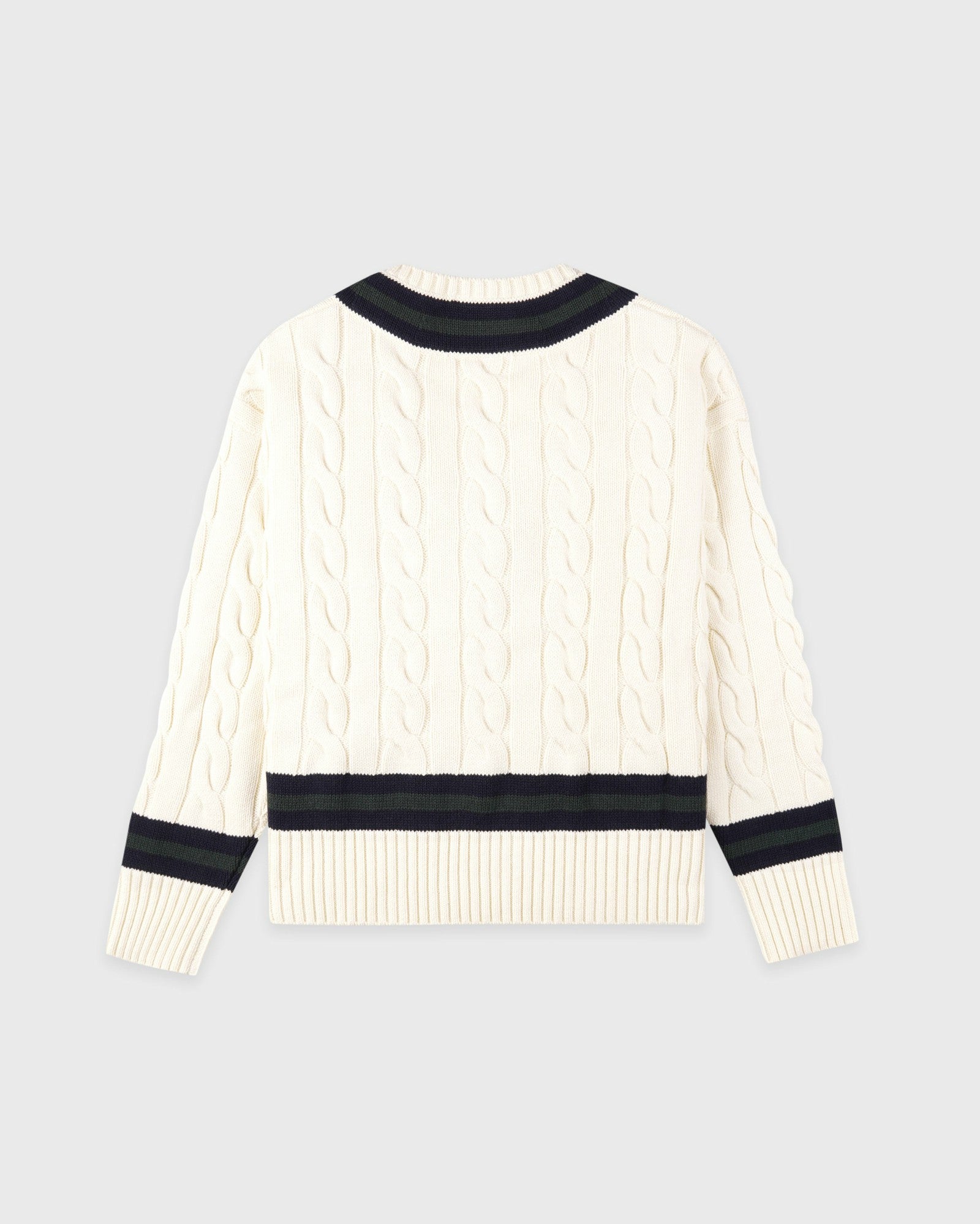SRC Cableknit V-Neck Sweater - Ecru/Navy/Forest Sporty & Rich For Sale