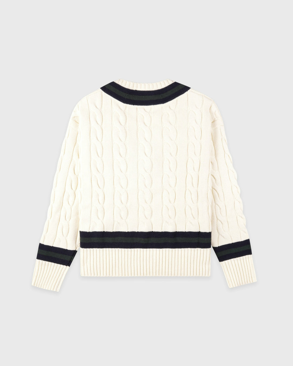 SRC Cableknit V-Neck Sweater - Ecru/Navy/Forest Sporty & Rich For Sale