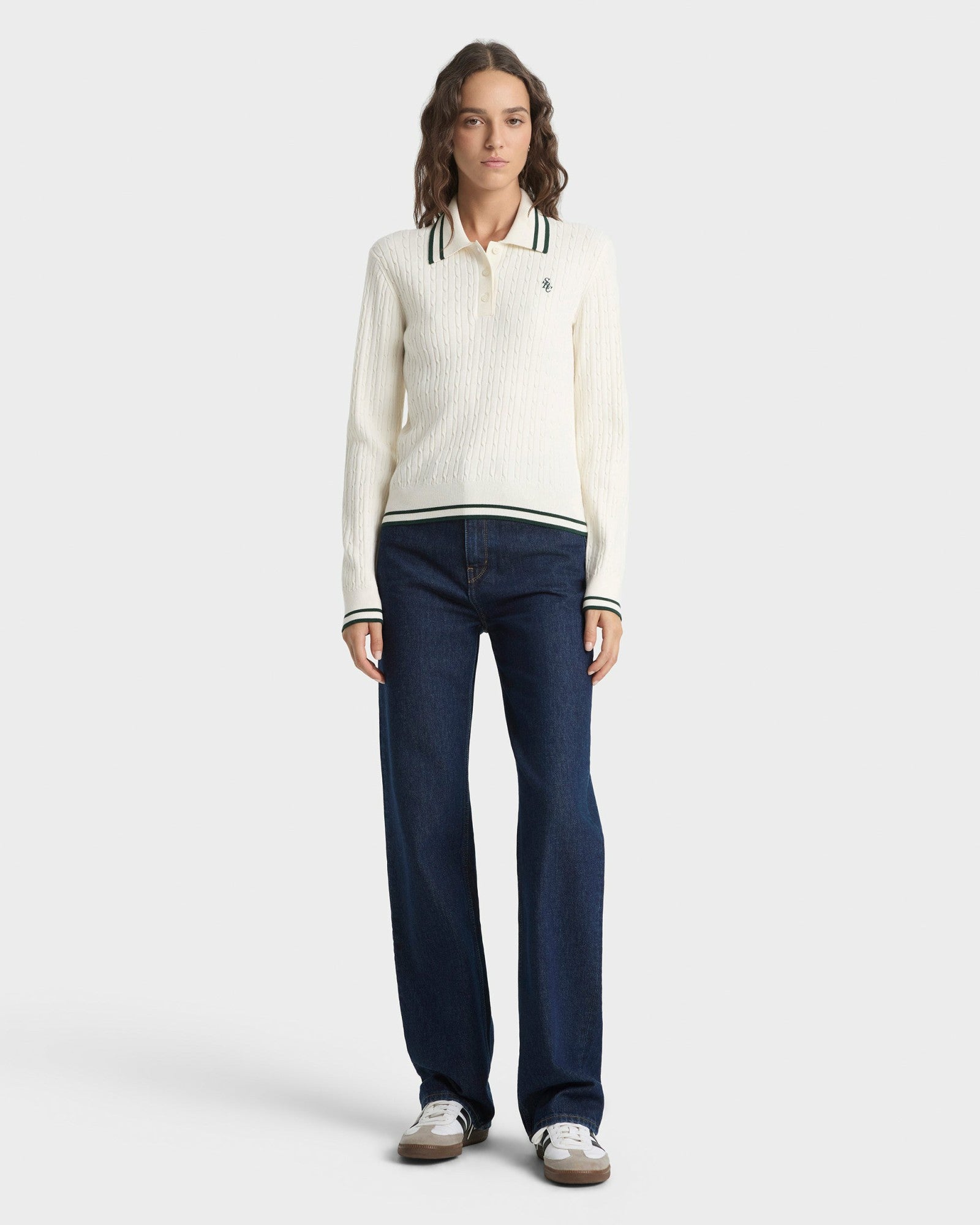 SRC Mini Cable LS Polo - Ecru/Forest Sporty & Rich Outlet