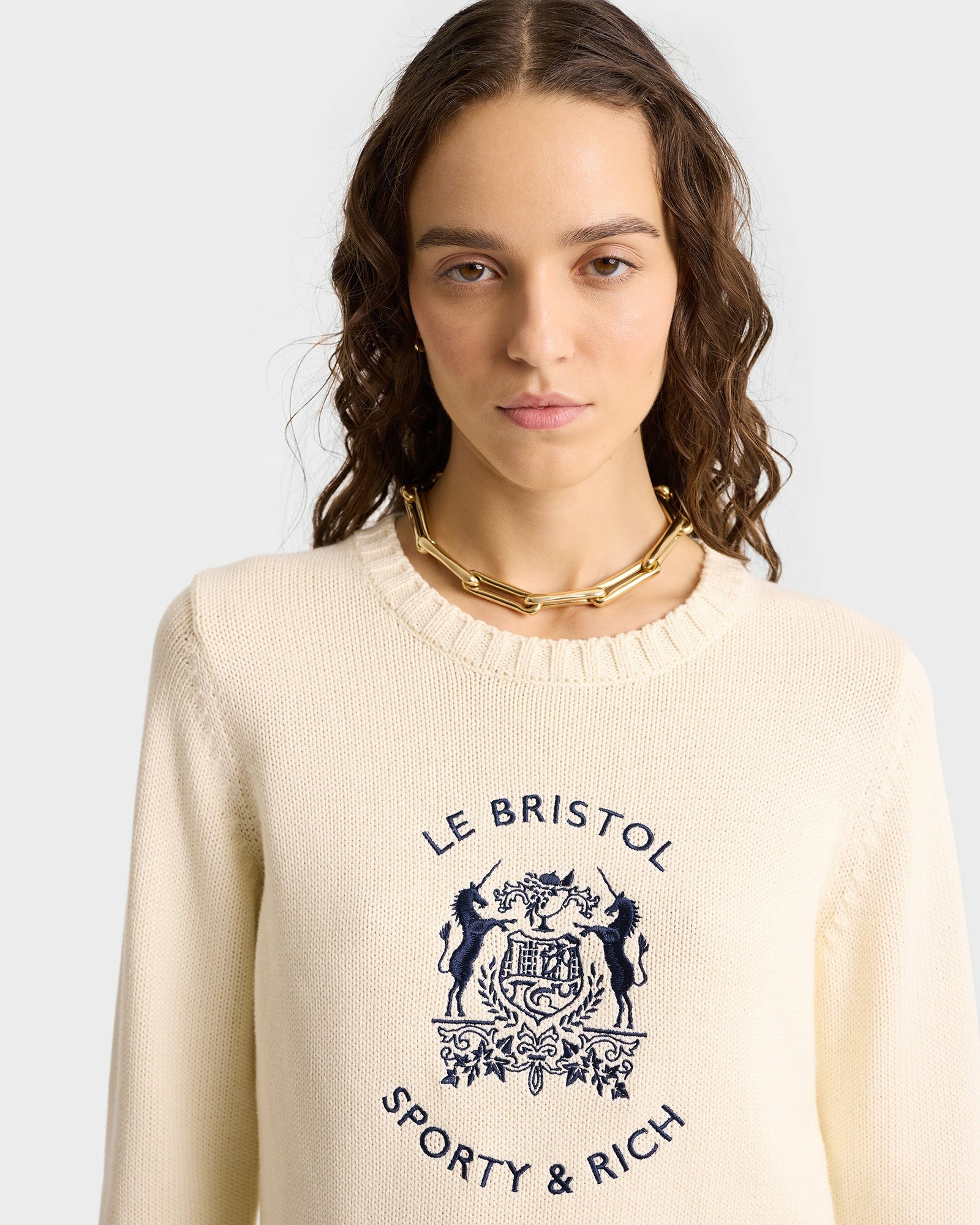Bristol Crest Cotton Knit Sweater - Cream Sporty & Rich US