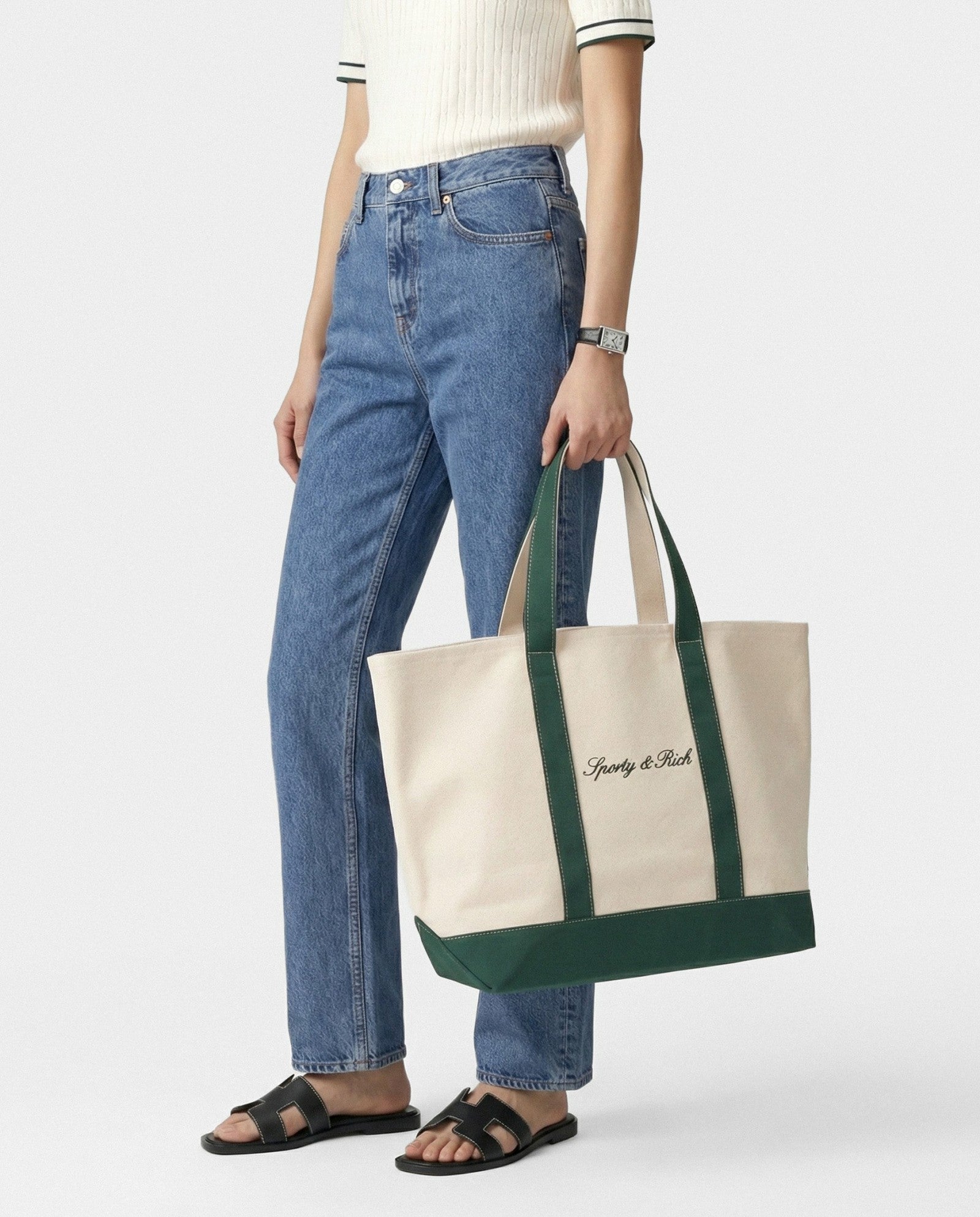 Signature Logo Large Tote - Natural/Forest Green Sporty & Rich Outlet