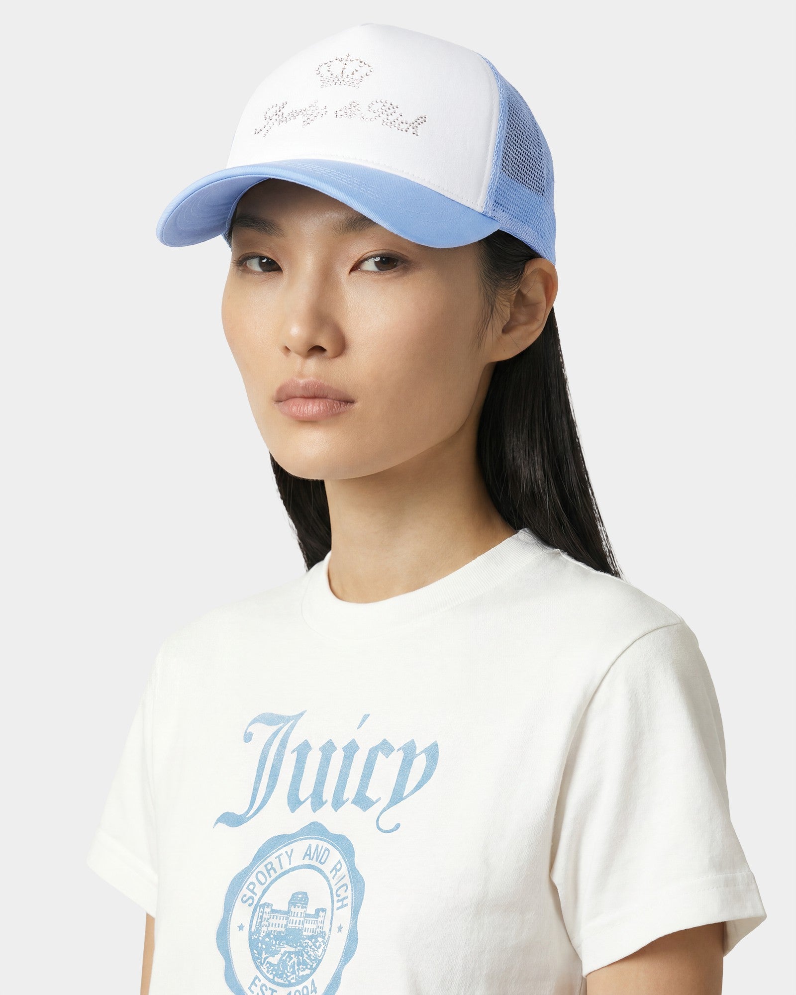 Juicy Crown Trucker Hat - White/Sky Blue Sporty & Rich US