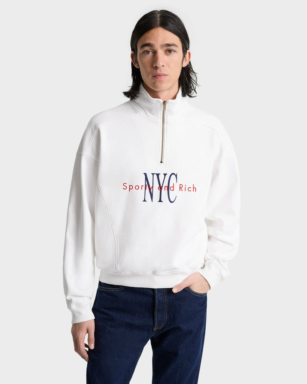 NY Minute Quarter Zip - White/Navy Sporty & Rich For Sale