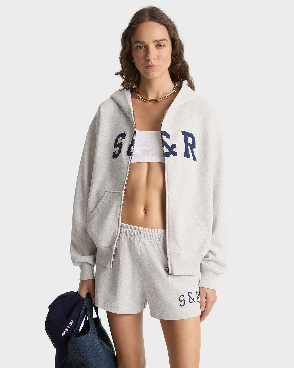 S&R Ivy Zip Hoodie - Heather Gray/Navy Sporty & Rich For Sale