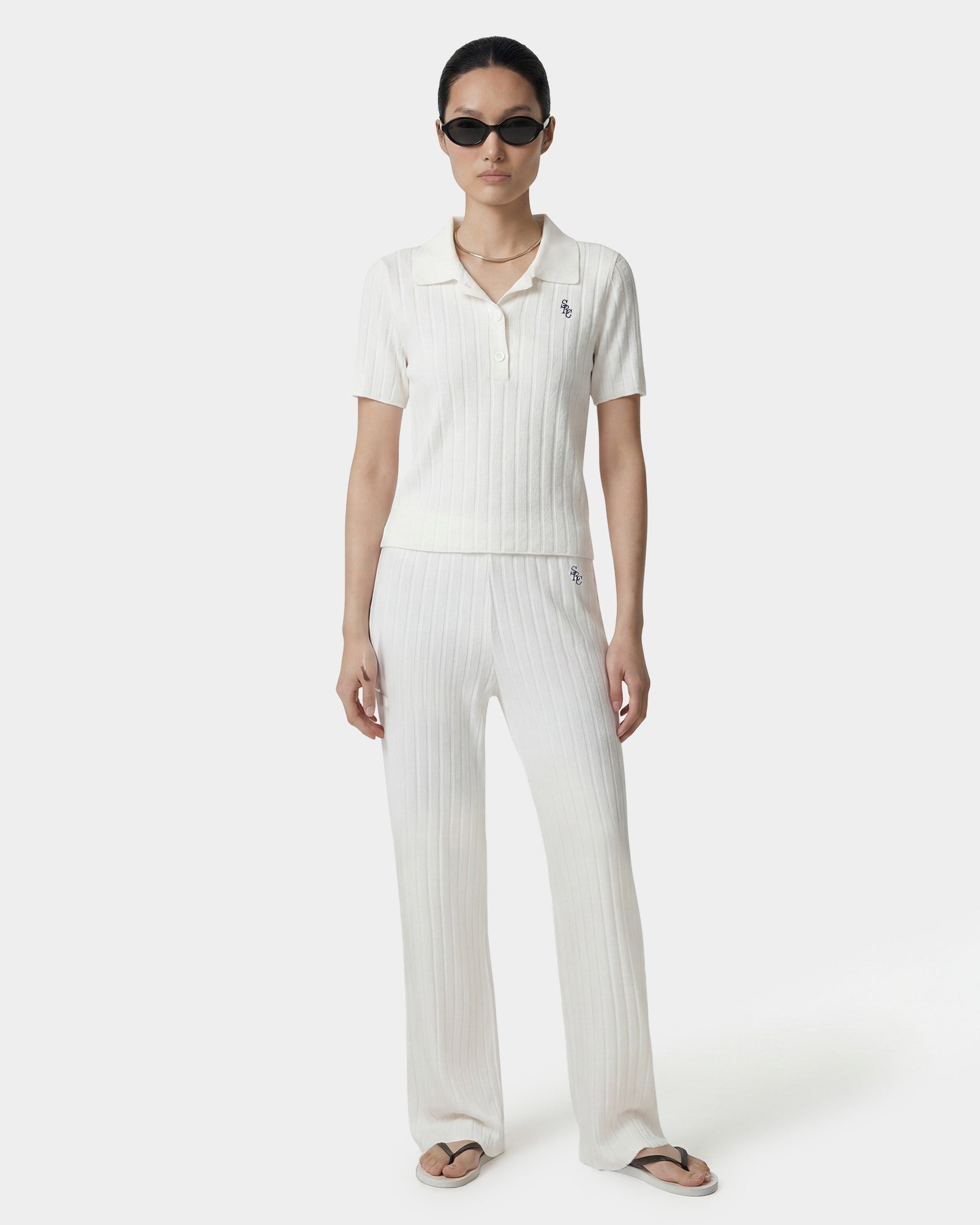 SRC Ribbed Polo - Ecru/Navy Sporty & Rich Discount