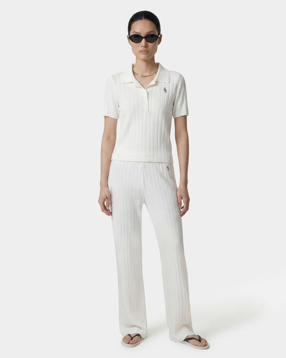 SRC Ribbed Polo - Ecru/Navy Sporty & Rich Discount
