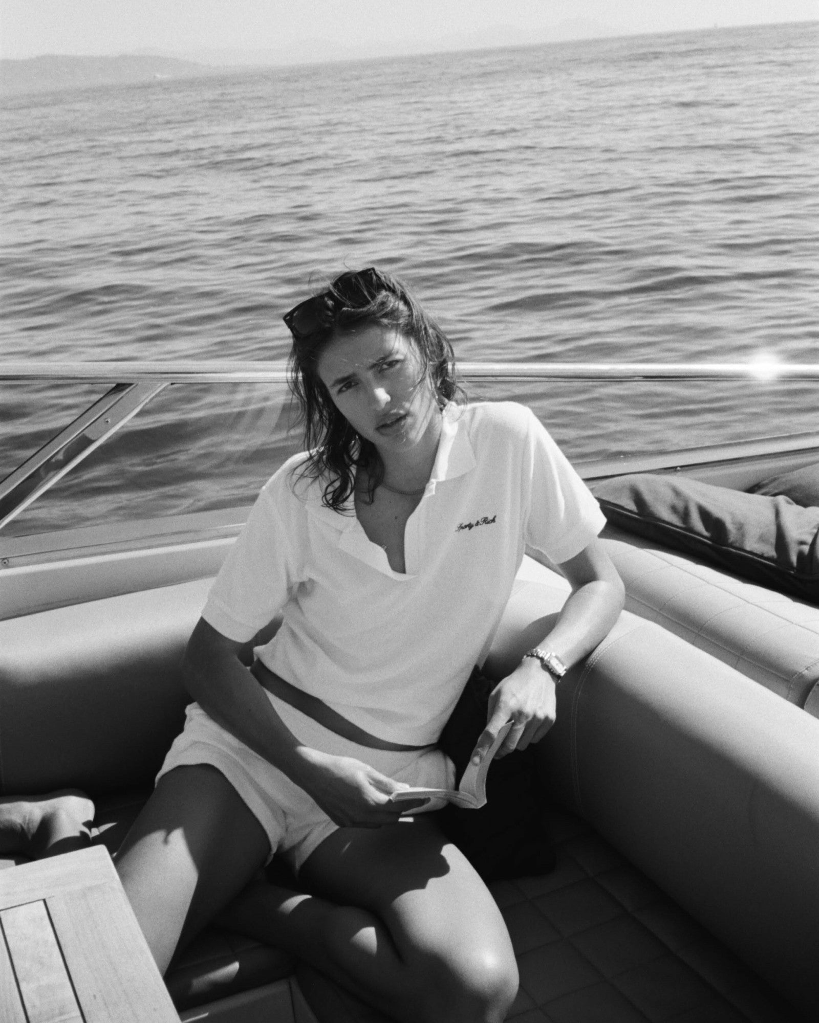 Signature Logo Terry Polo - White/Light Navy Sporty & Rich US