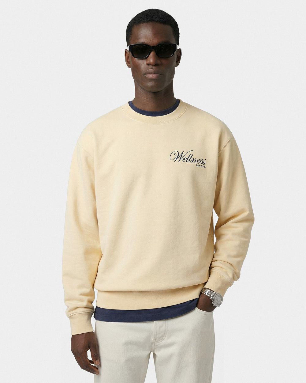 Avenue Crewneck - Almond/Navy Sporty & Rich Discount