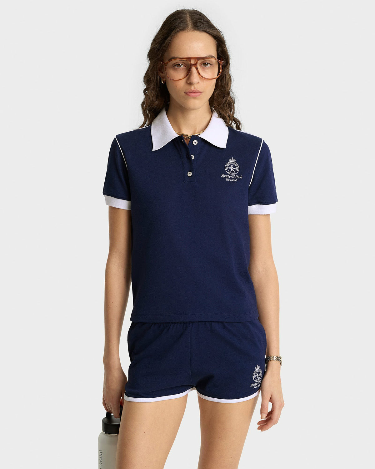 Crown 70s Pique Polo - Navy/White Sporty & Rich For Sale