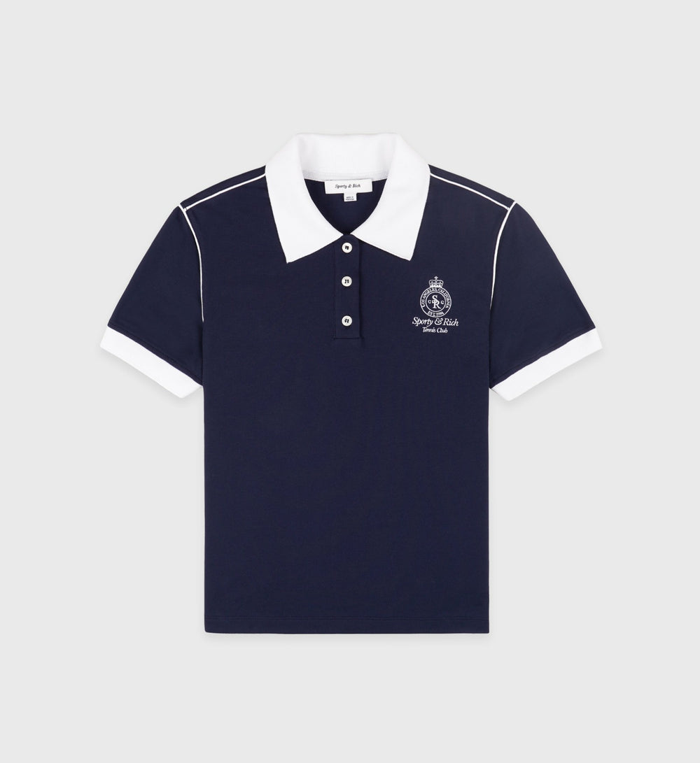 Crown 70s Pique Polo - Navy/White Sporty & Rich For Sale