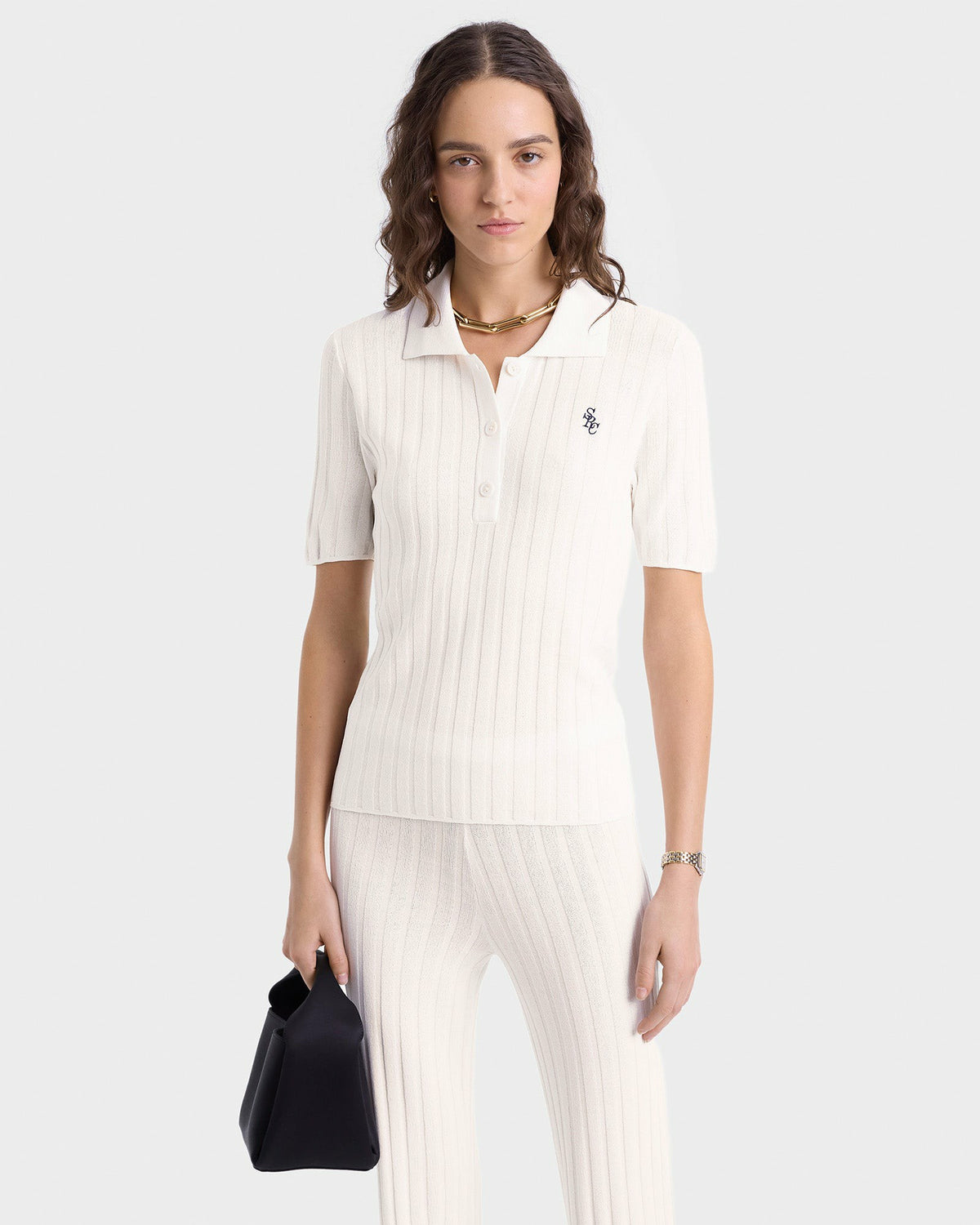 SRC Ribbed Polo - Ecru/Navy Sporty & Rich Discount