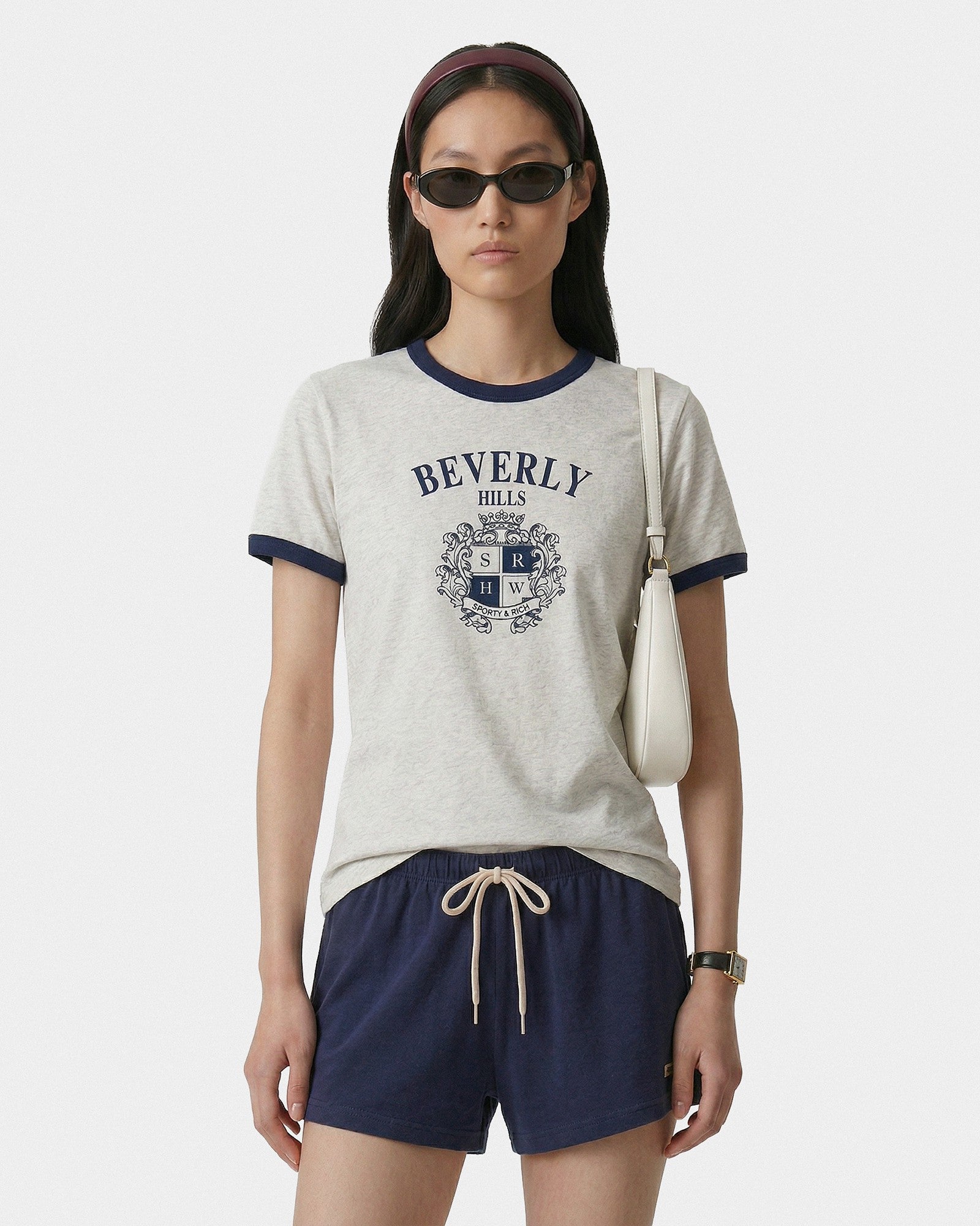 BH Crest Soft Ringer Tee - Heather Gray/Navy Sporty & Rich For Sale
