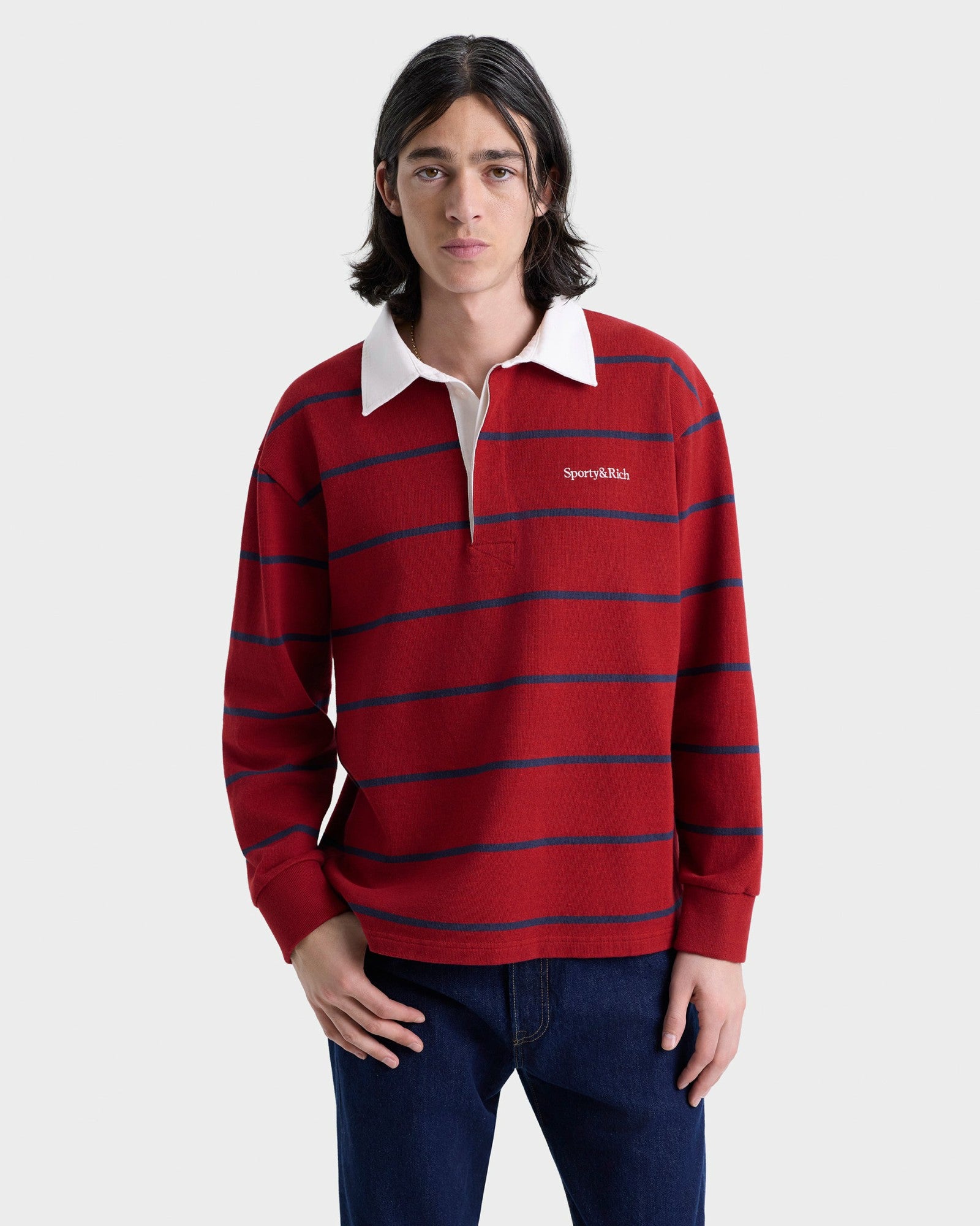 Serif Logo Rugby Polo Men - Merlot/White/Dark Navy Sporty & Rich For Sale